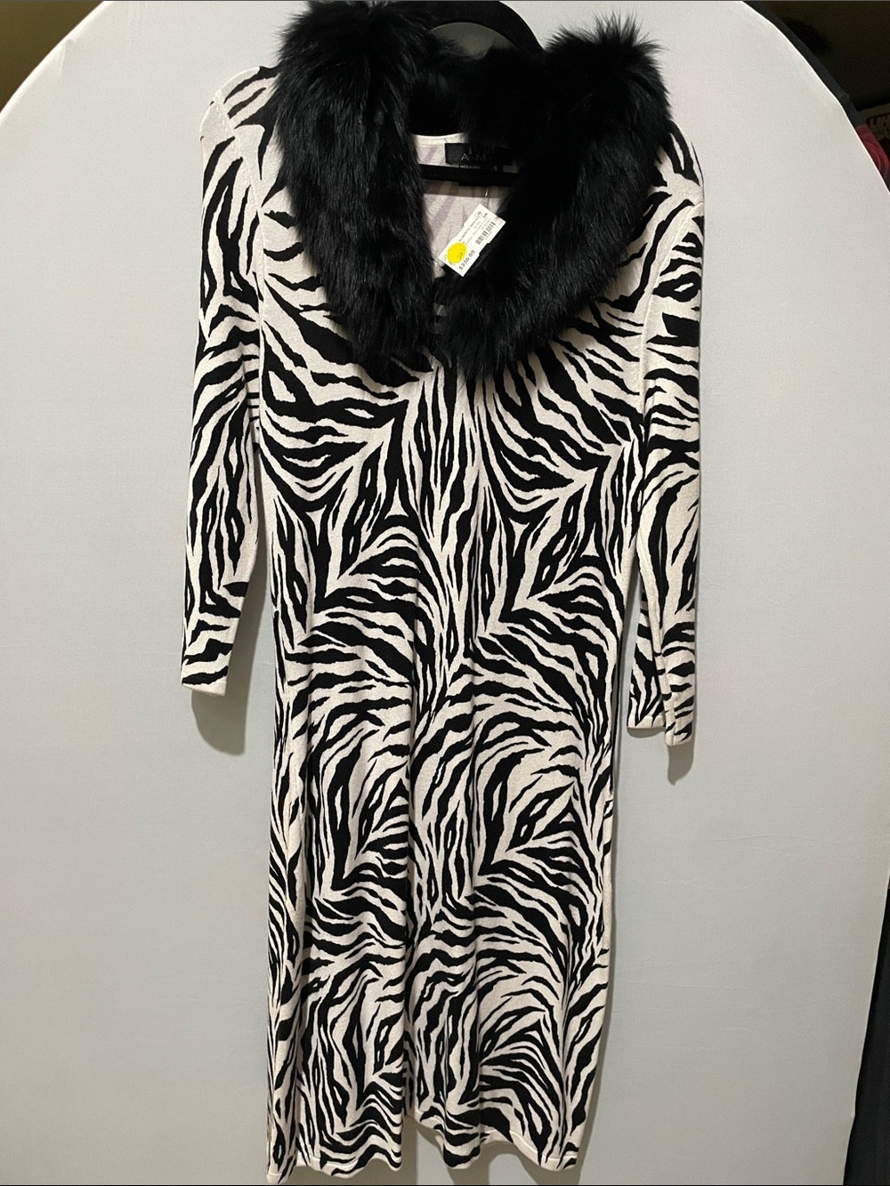 Alberto Makali Black and White Zebra-Print Dress with Faux Fur Collar